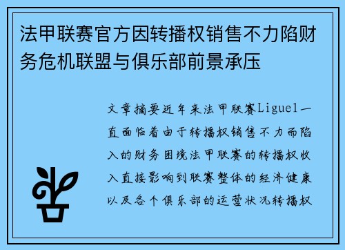 法甲联赛官方因转播权销售不力陷财务危机联盟与俱乐部前景承压